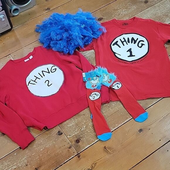 Thing 2 sweatshirt Sz L, Thing 1 Tshirt Sz med socks and wig  - Picture 1 of 10